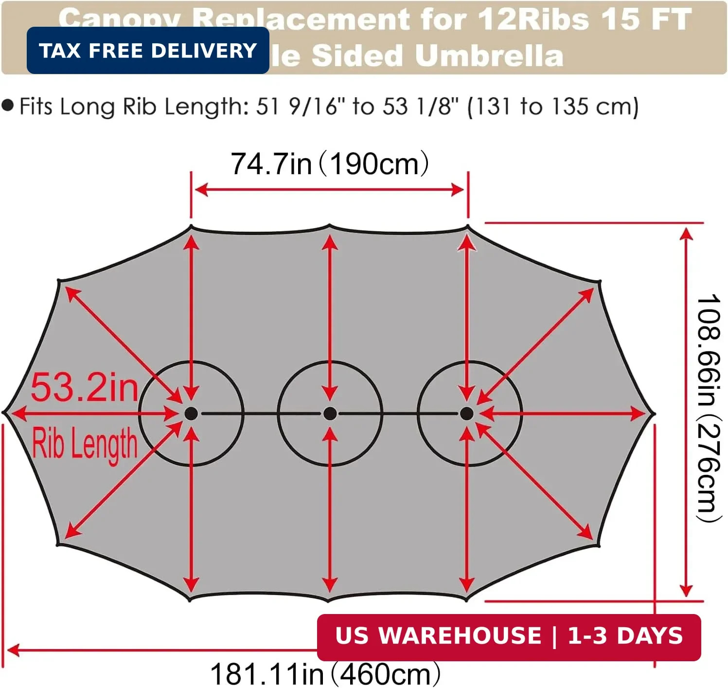 12 Ribs Umbrella Canopy Replacement for 15ft Double-Sided Patio Umbrella, Frame gallery