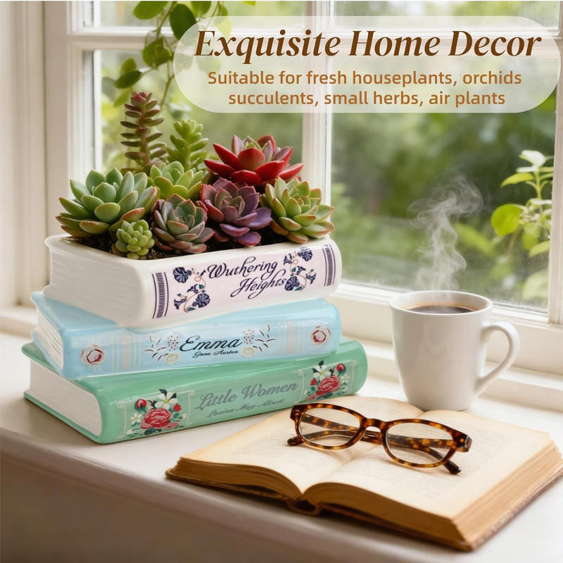 Book Planter Pot, Ceramic Book Shaped Decorative Planter with Drainage Hole, Sma gallery