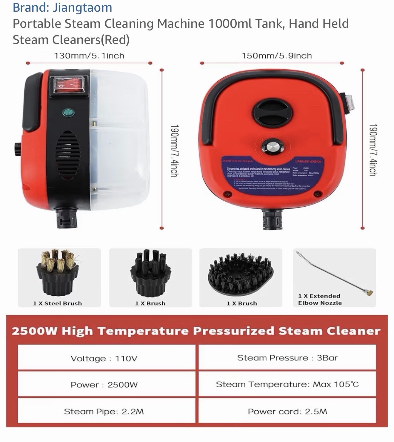Portable Steam Cleaning Machine 1000ml Tank, Hand Held Steam Cleaners(Red) gallery