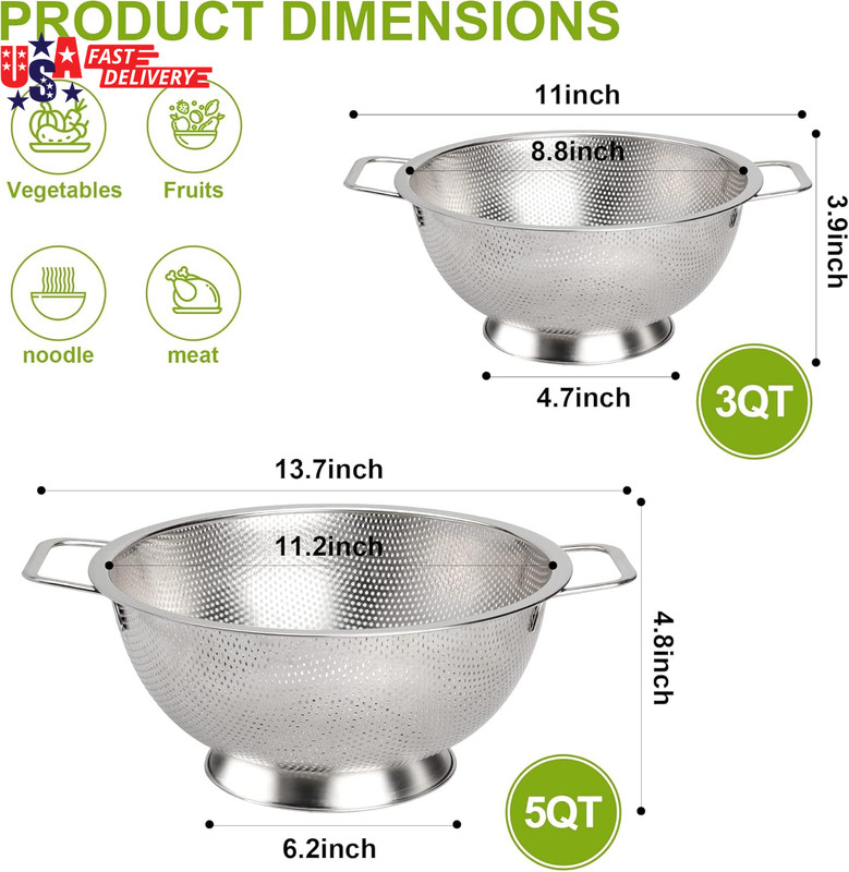 Colander Stainless Steel 3-Quart, Strainer for Kitchen Food, Dishwasher Safe gallery