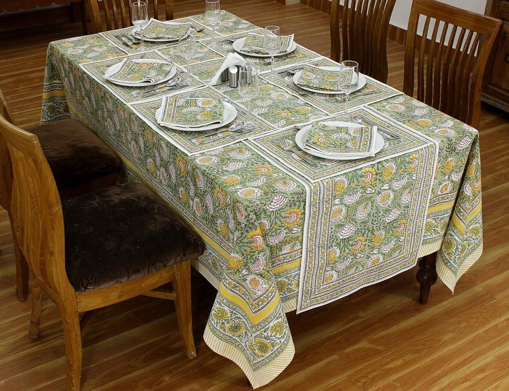 Floral Block Printed Table Cloth Dining Table Cloth Table Napkins With Mats