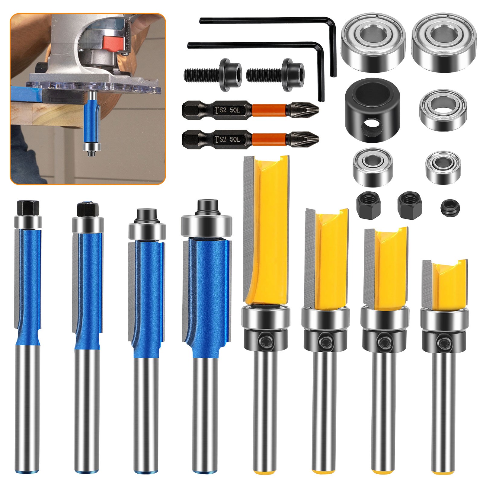 17x 1/4" Shank Flush Trim Router Bit Set Woodworking Edge Cutter with Bearings gallery