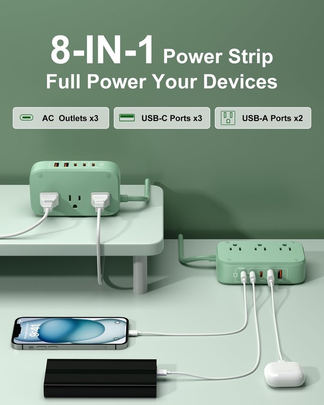 USB Charging Station 5FT 8-in-1 with 2 AC Outlets, 3 USB-C, 2 USB-A gallery