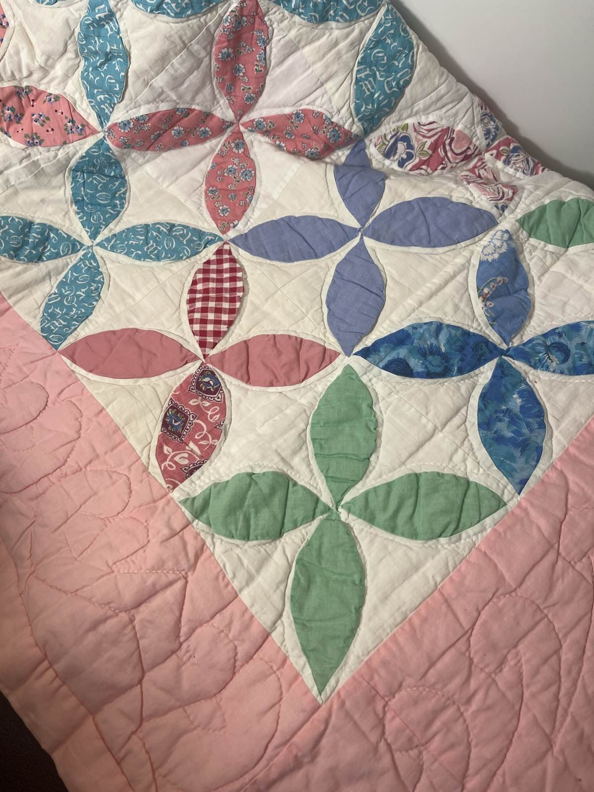 Hand Quilted Orange Peel Quilt Pink Blue Floral Patchwork Cottagecore Style gallery