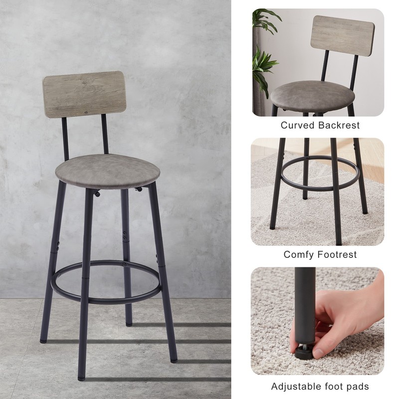 Bar Table Set with 2 Bar Stools PU Soft Seat with Backrest - Rustic Grey gallery