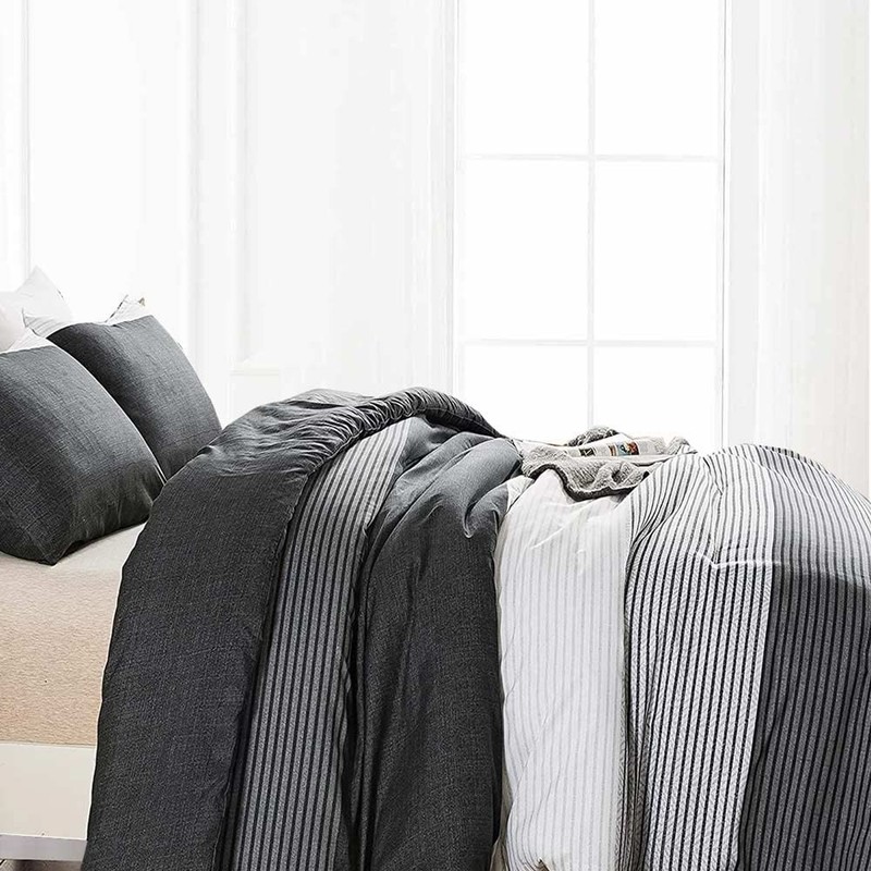 King Comforter Set Grey Black Patchwork Stripe Reversible Bedding 7 Piece gallery