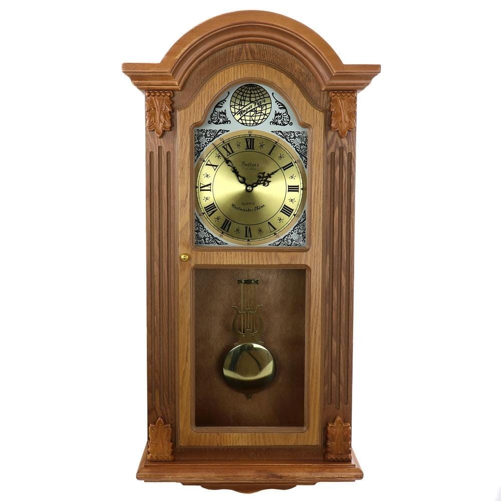 Bedford Clock Collection Wall Clock Honey Oak Chiming Pendulum Roman Numeral gallery