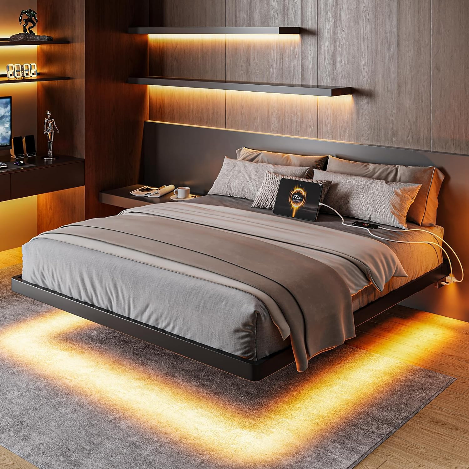 Full Size Floating Bed Frame with Charging Station and Led Lights, Metal Bed Fra gallery