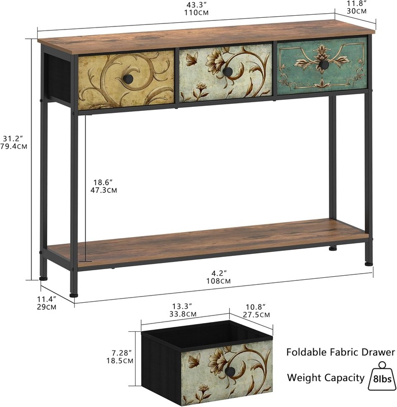 Entryway Console Table Rustic Brown Boho Sofa Table 3 Fabric Drawers Shelf gallery