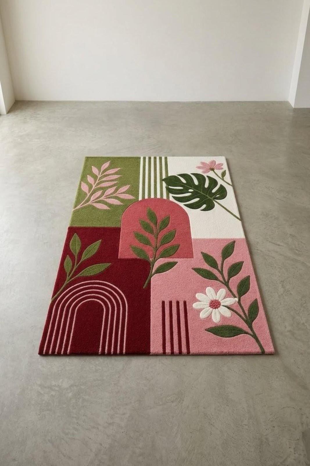 Modern Botanical Tufted Rug Handmade Wool Area Rug Pink Green Floral Carpet gallery