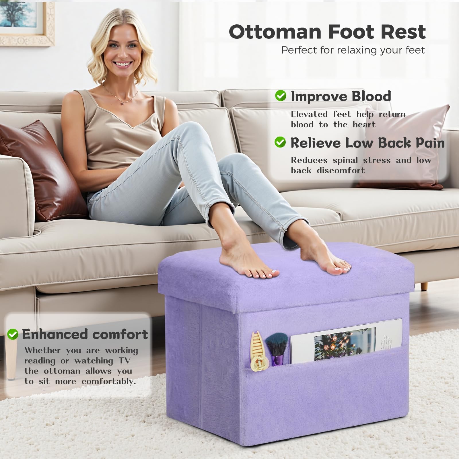 Small Ottoman with Storage, Folding Soft Fur Storage Foot Rest Stool with Thi... gallery