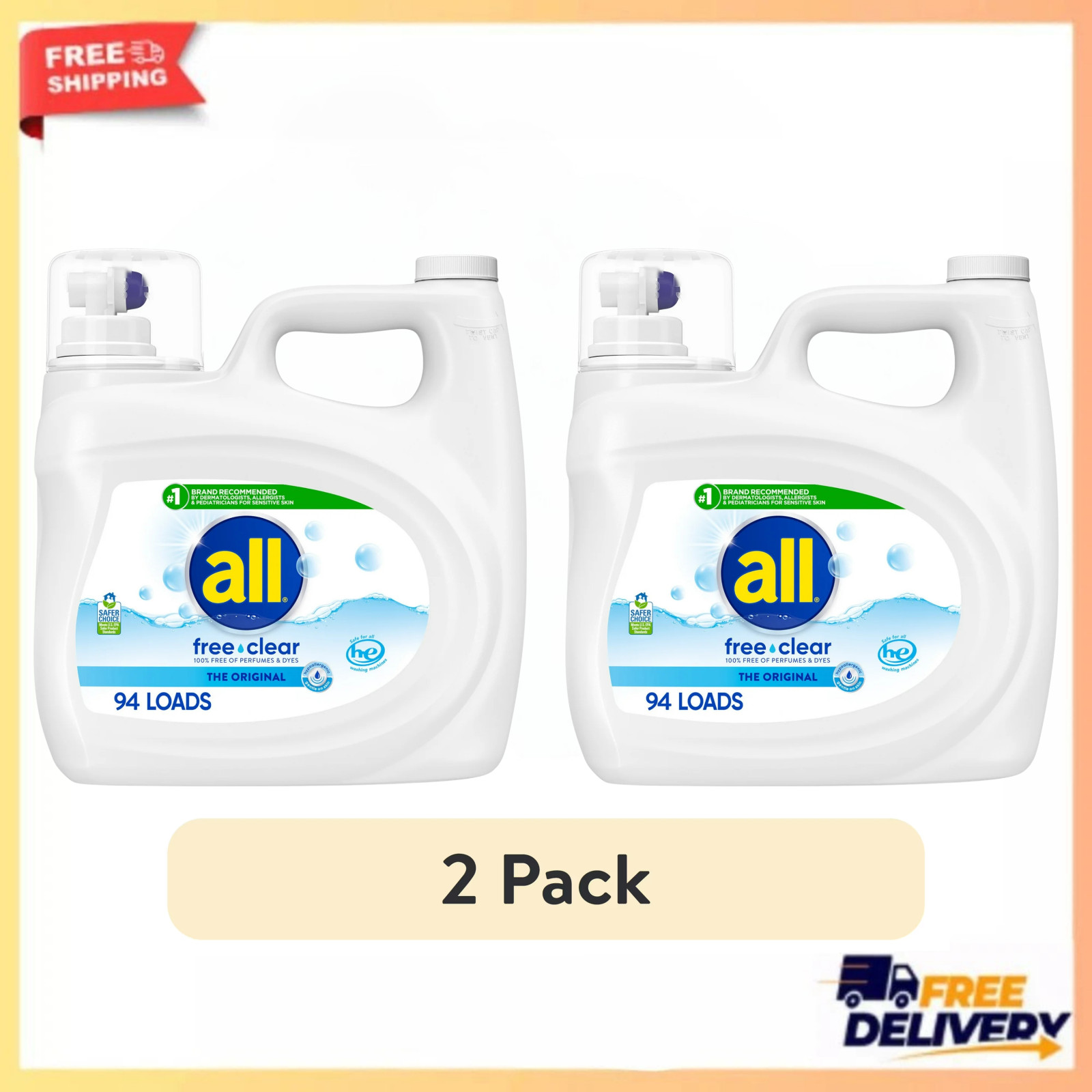 2 Pack All Free Clear Unscented Liquid Laundry Detergent 118 oz 188 Total Loads gallery