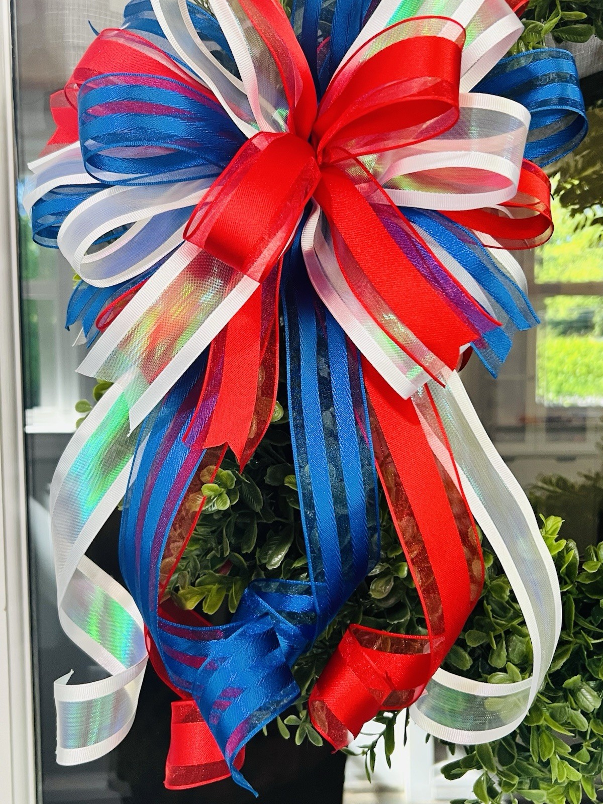 Handmade Red White Blue Patriotic Summer Wreath Bow 4th of July Memorial Decor gallery