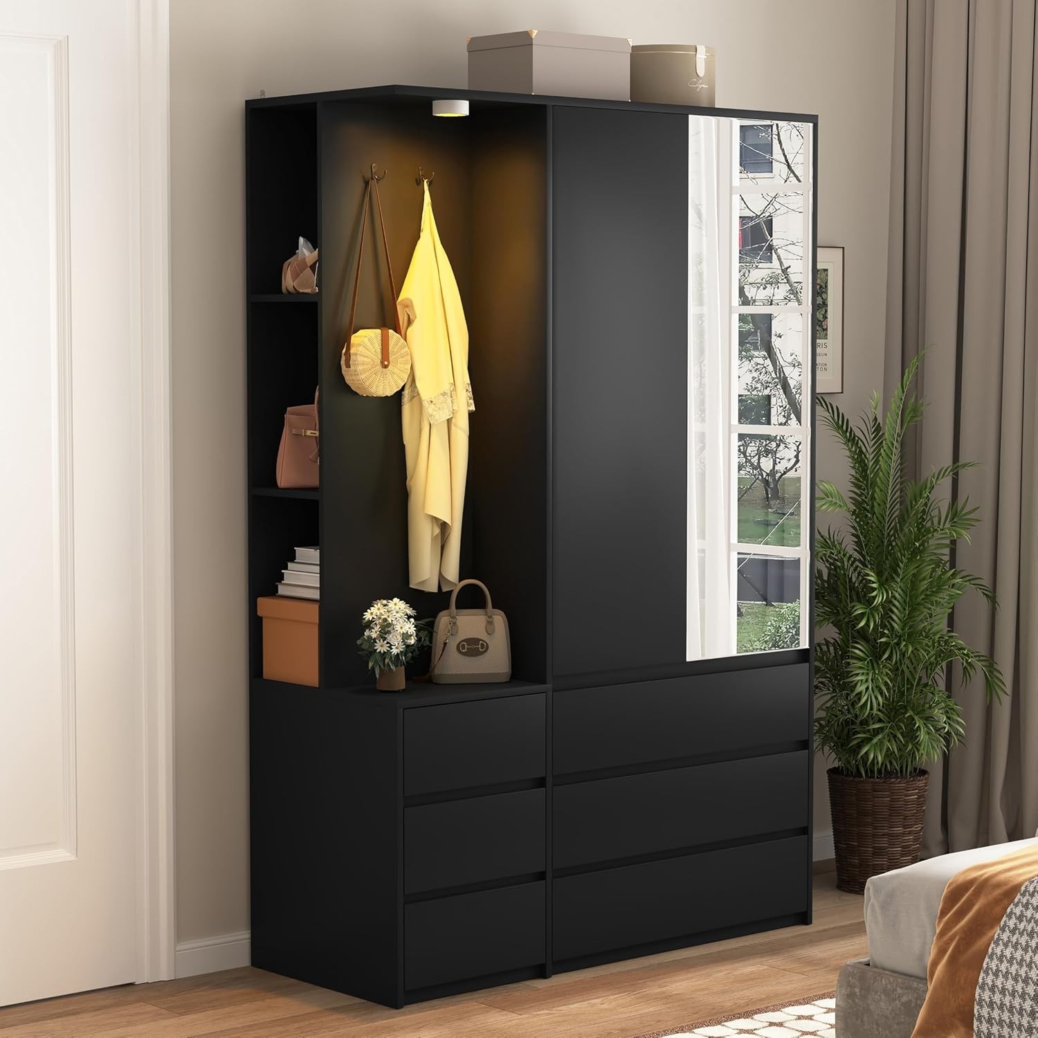 Wardrobe Closet with LED Mirror & 6 Drawers, Large Storage Cabinet with Hang Rod gallery