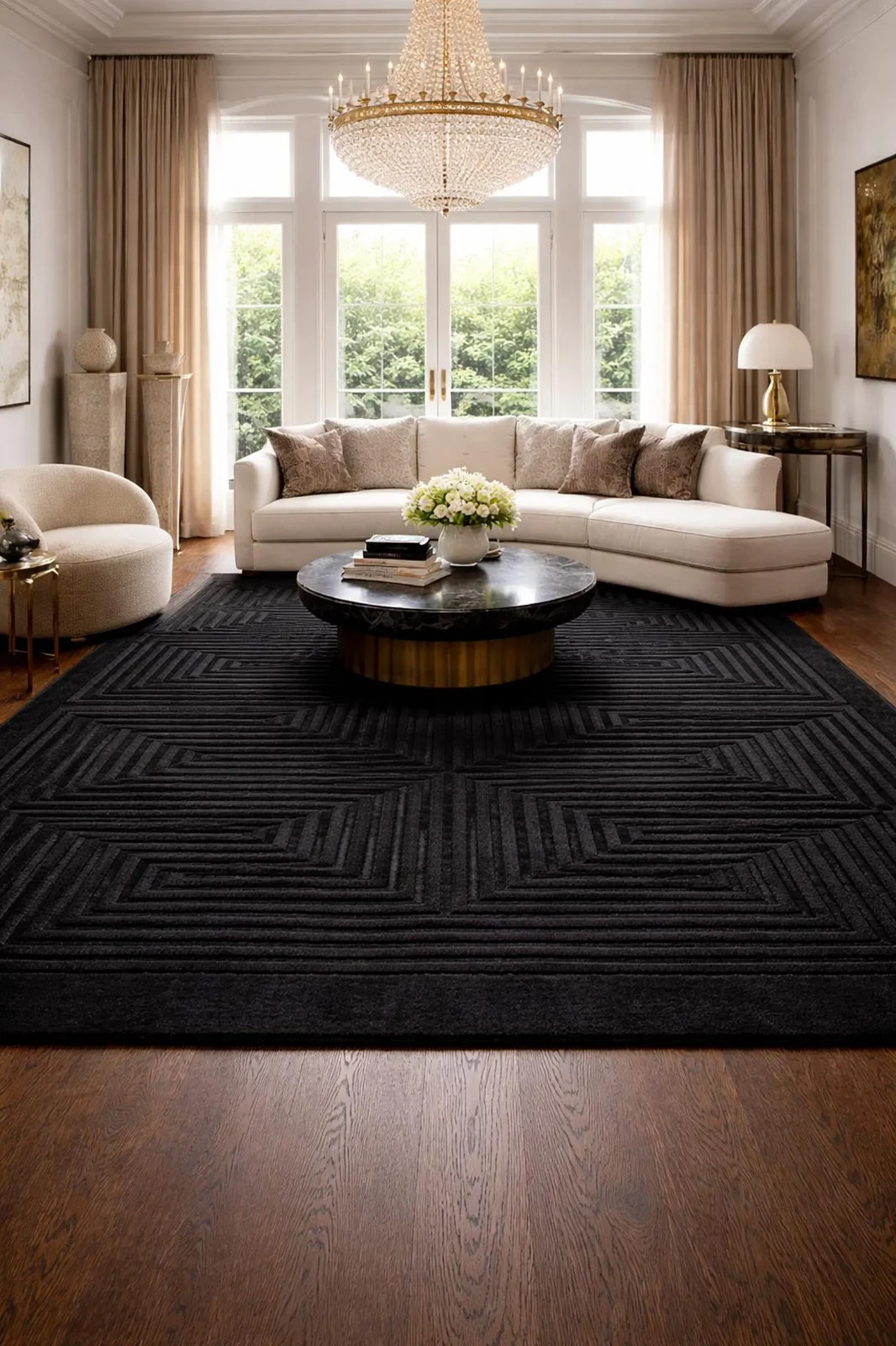 Luxury Hand-Tufted Black Geometric Area Rug – Modern Art Deco Elegant Carpet gallery