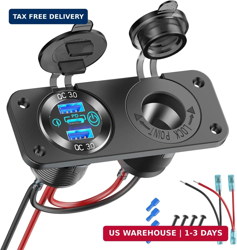 12V USB Outlet Marine Switch Panel 12 Volt Plug, PD3.0 & Dual Quick Charge 3.0 U
