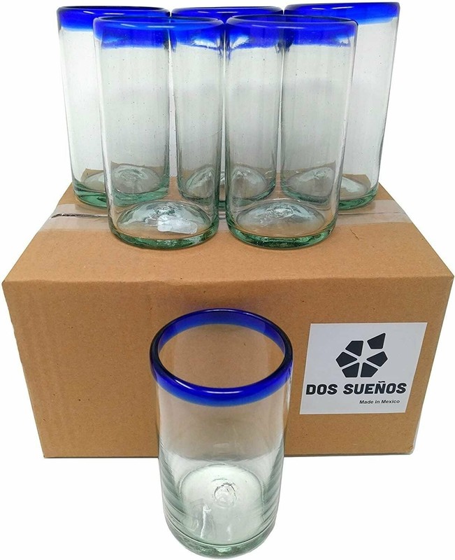 Hand Blown Mexican Drinking Glasses – Set of 6 Glasses with Cobalt Blue Rims... gallery