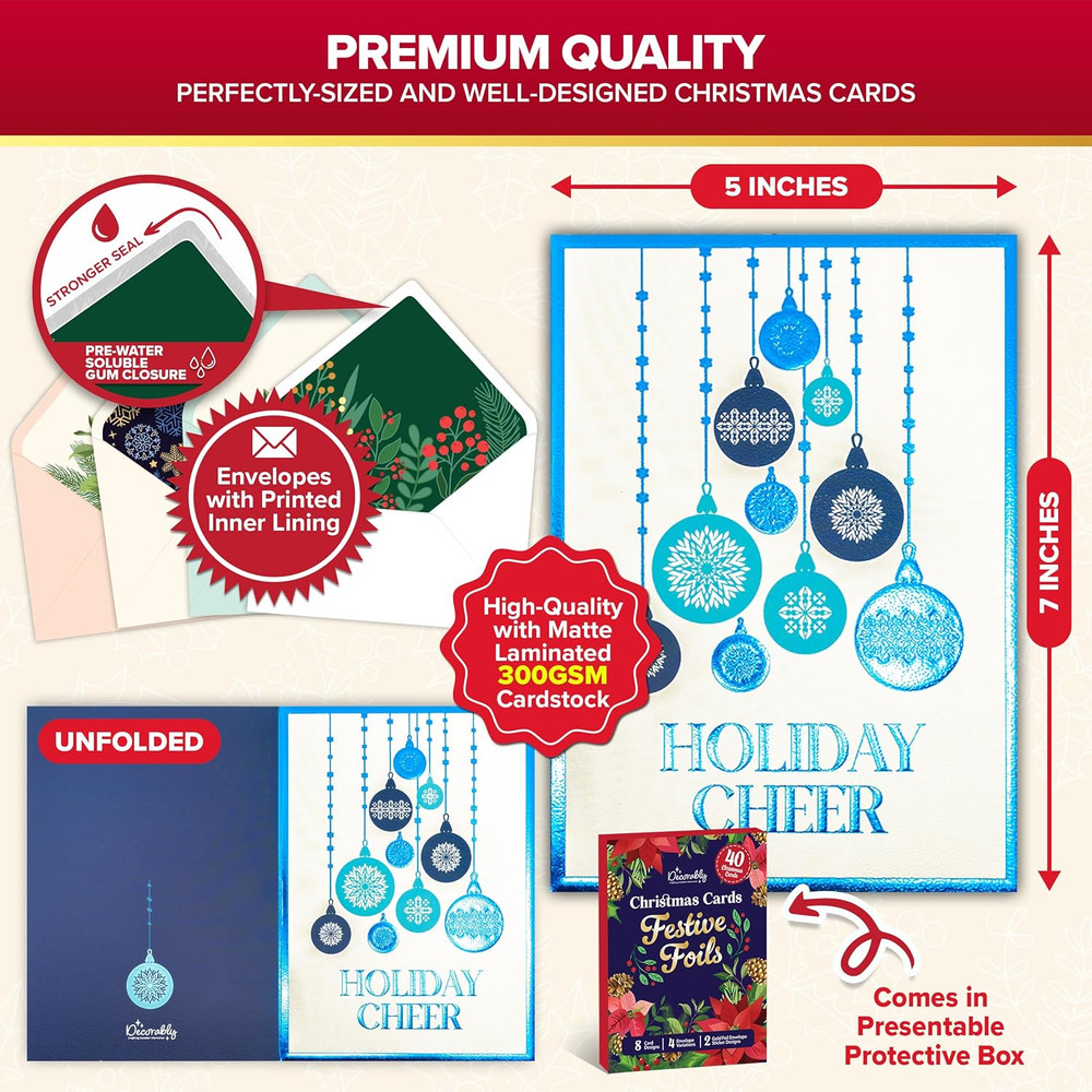 40 Pack Foil Embossed 5X7In Assorted Christmas Cards with Envelopes and Stick...