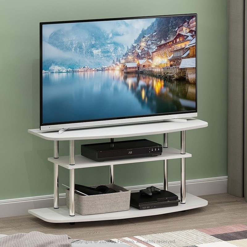 Durable 3-Tier TV Stand 43 in TVs Engineered Wood Metal Tubes Home Decor White gallery