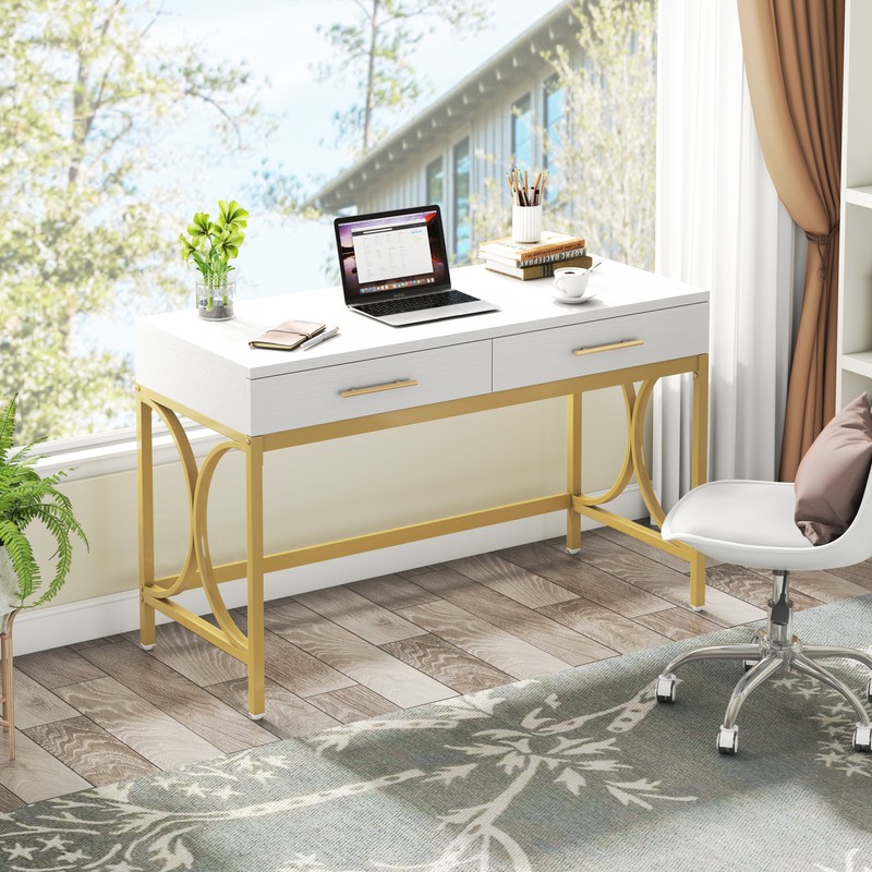 White Gold Computer Desk 2 Drawer Study Writing Table for Home Office Wood Metal gallery