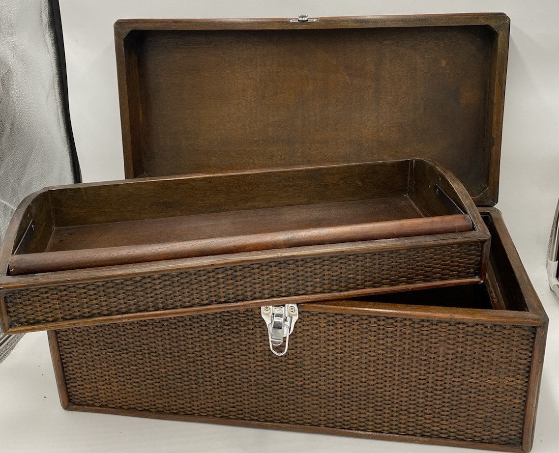 Wood Box W/Silver Metal Hinges Clasp Handles Wicker Wooden Chest Trunk Storage gallery