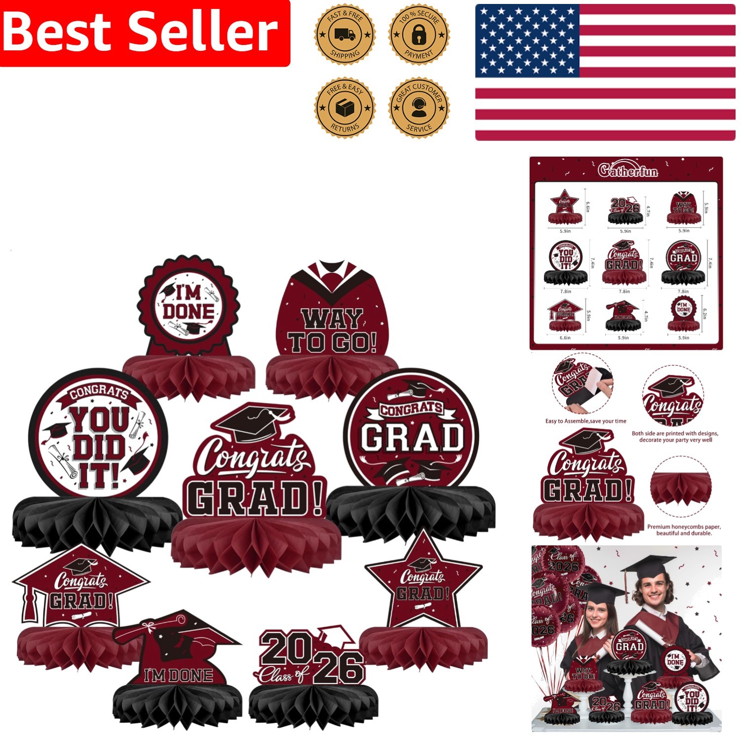 Honeycomb Table Toppers 9 Pack Graduation Decorations Class of 2026 Maroon Black gallery