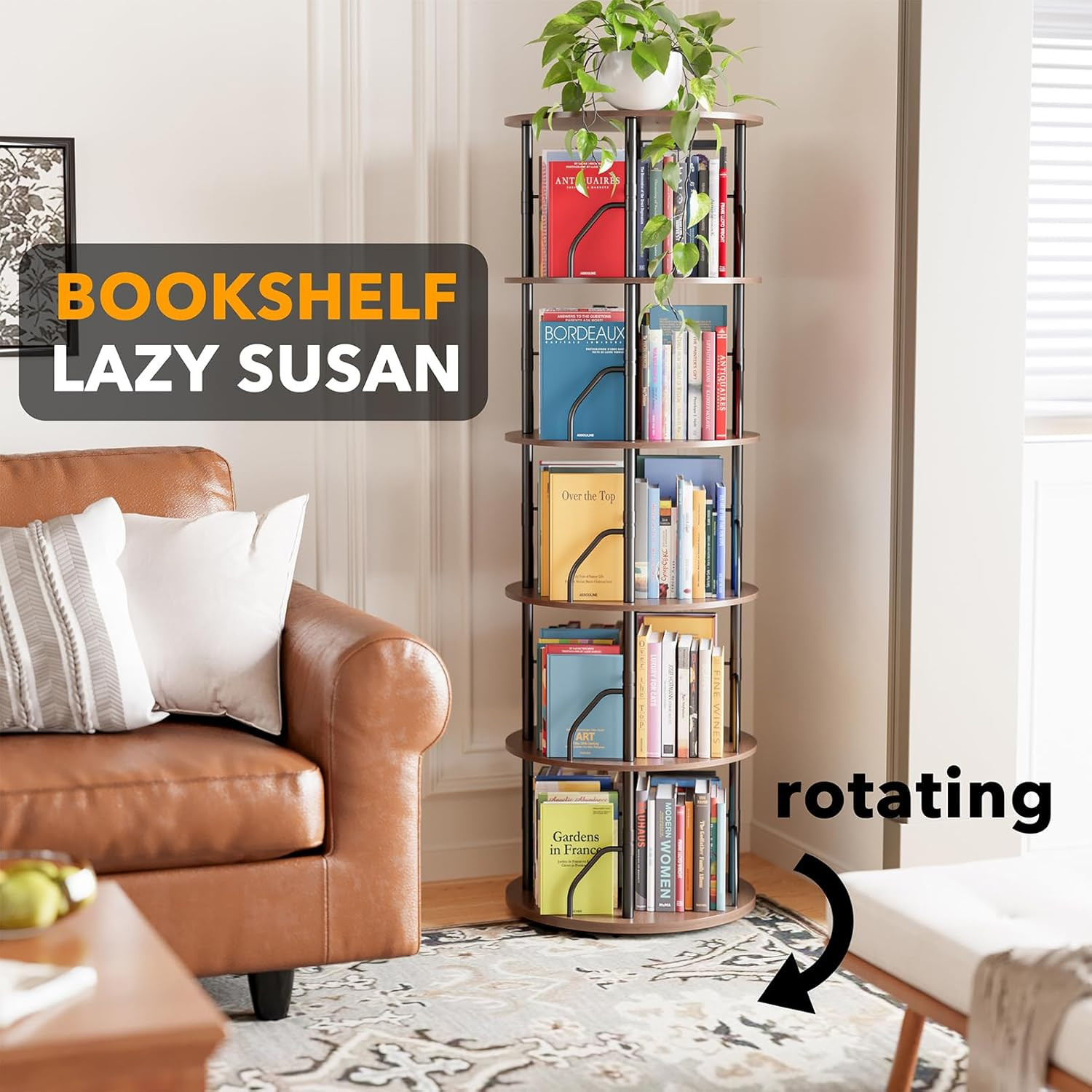 5-Tier Rotating Bookshelf Tower - Space-Saving Swivel Organizer in Brown Wood gallery