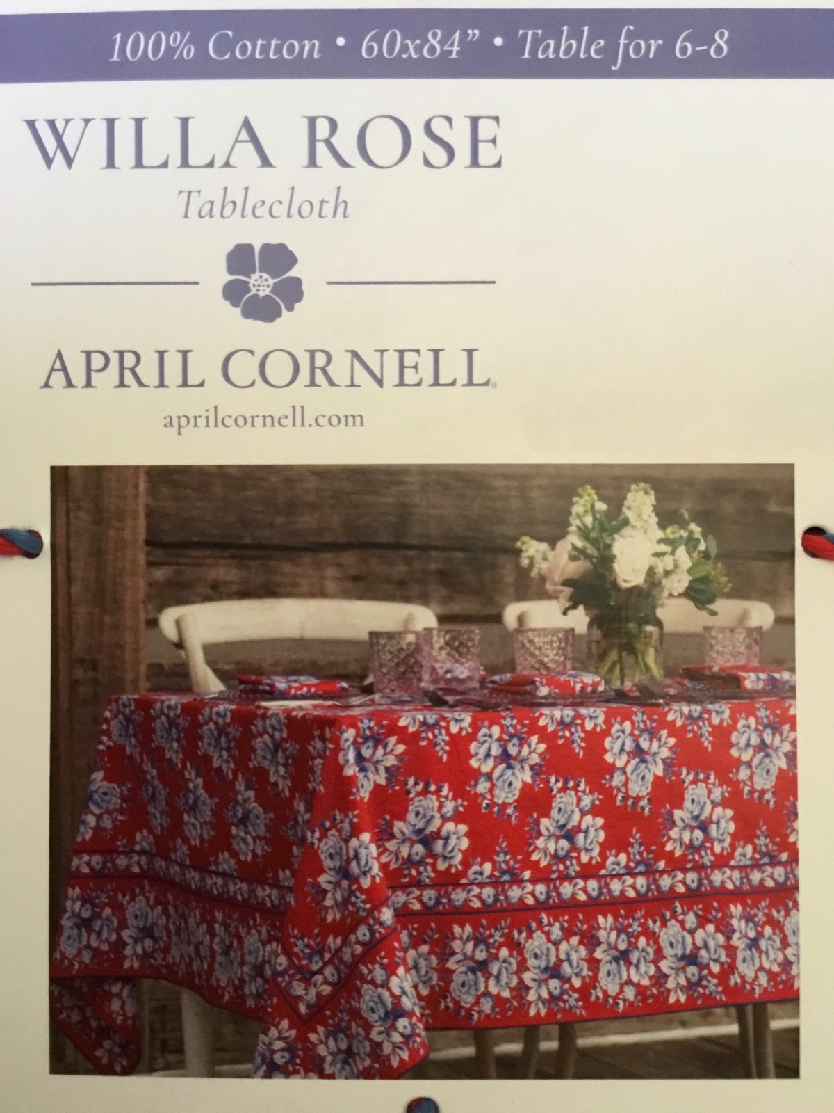 APRIL CORNELL Willa Rose Flower Tablecloth Cotton 60” x 84” Red/Blue/White NEW gallery