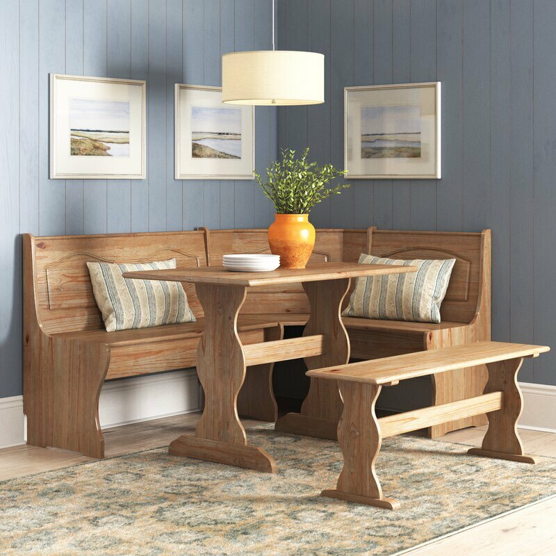 3-Piece Kitchen Breakfast Set Solid Pine w/ Dining Table Bench Nook Natural