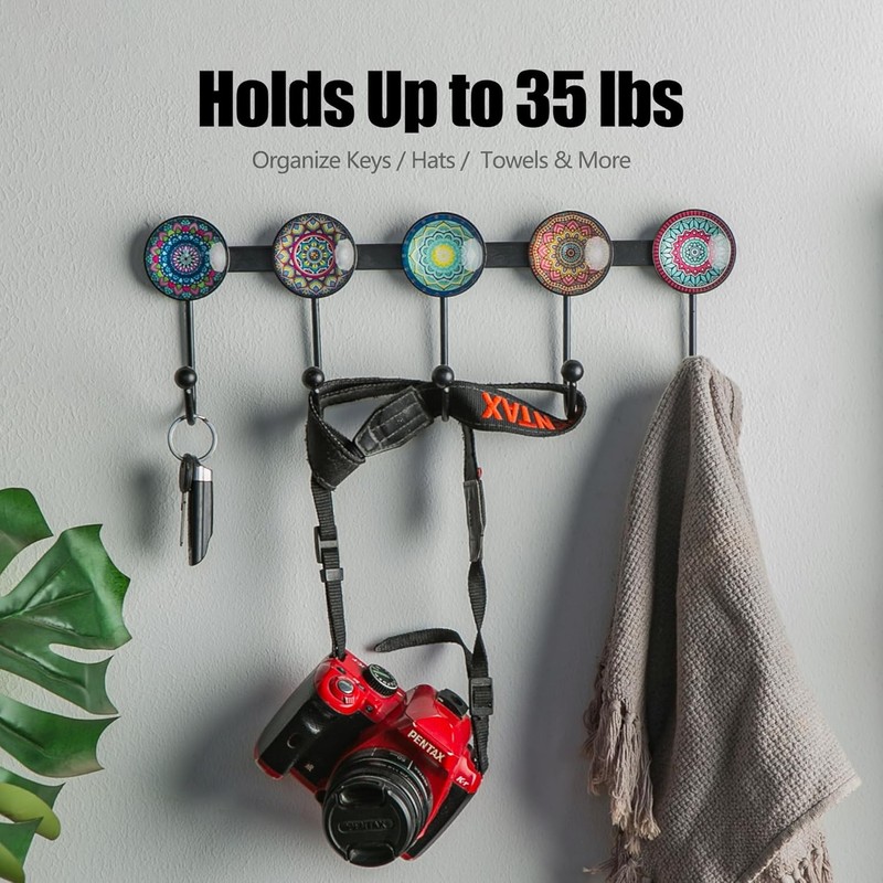 Boho Coat Rack Wall Mounted with 5 Hooks, Multi-Color Mandala Pattern Decorative gallery