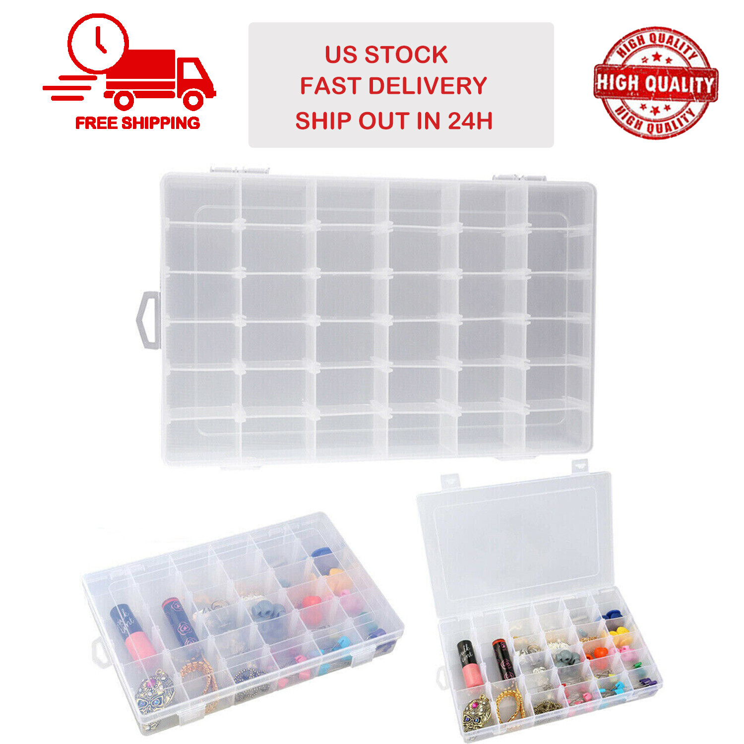 36 Compartment Clear Plastic Multipurpose Organizer Box with Adjustable Grids US gallery
