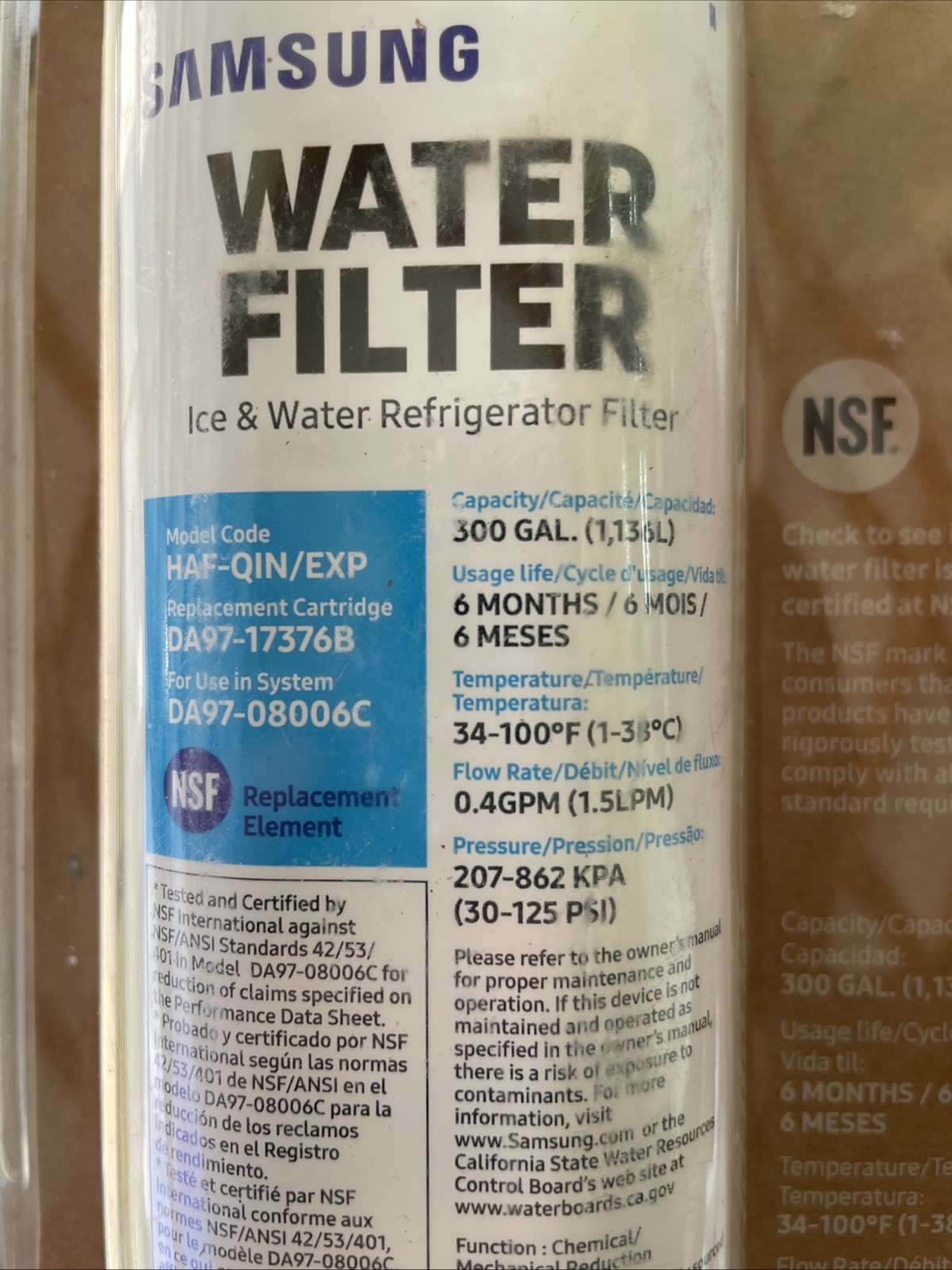 Genuine Samsung Water Filter Model HAF-QIN/EXP Replacement Cart: DA97-17376B OEM gallery
