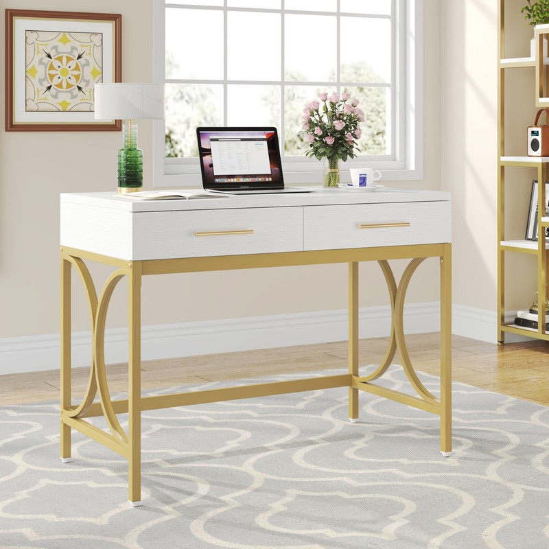 White Gold Computer Desk 2 Drawer Study Writing Table for Home Office Wood Metal gallery