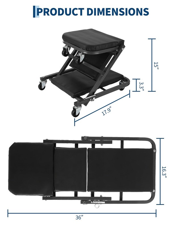 ⭐36" 2-in-1 Foldable Garage Z-Creeper Seat on Wheels 330LBS with 6 Swivel Caster gallery