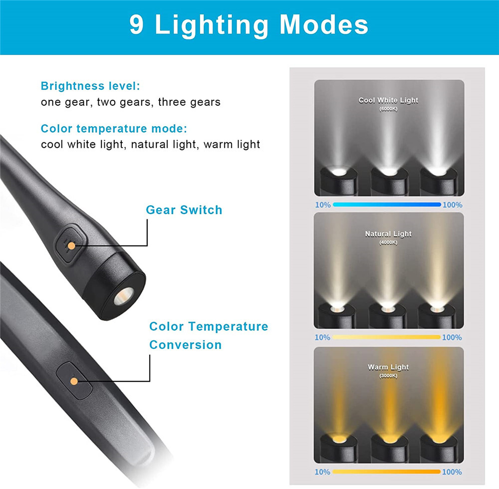 Black NEW Rechargeable LED Neck Light Book Light Reading in Bed Crafting Camping gallery