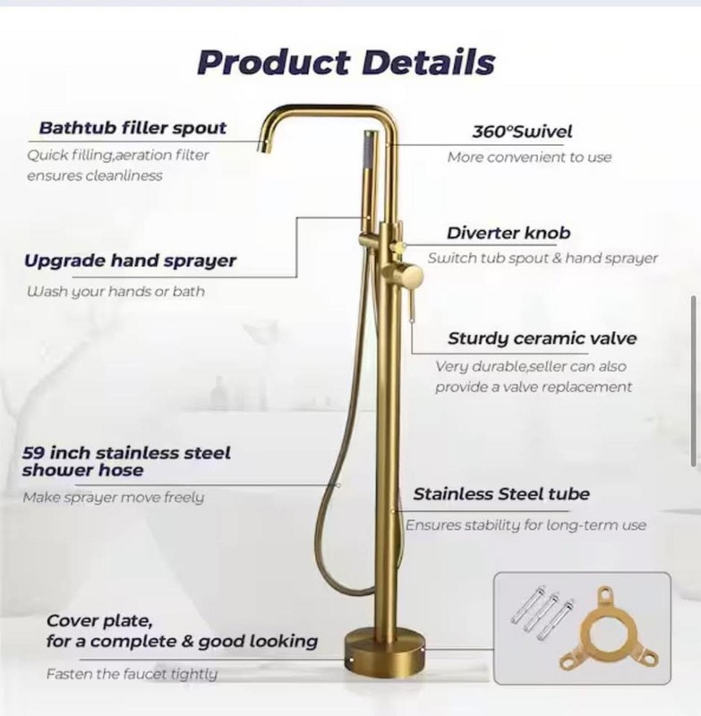 1-Handle Floor Mount Freestanding Faucet Bathtub Filler Brushed Gold gallery