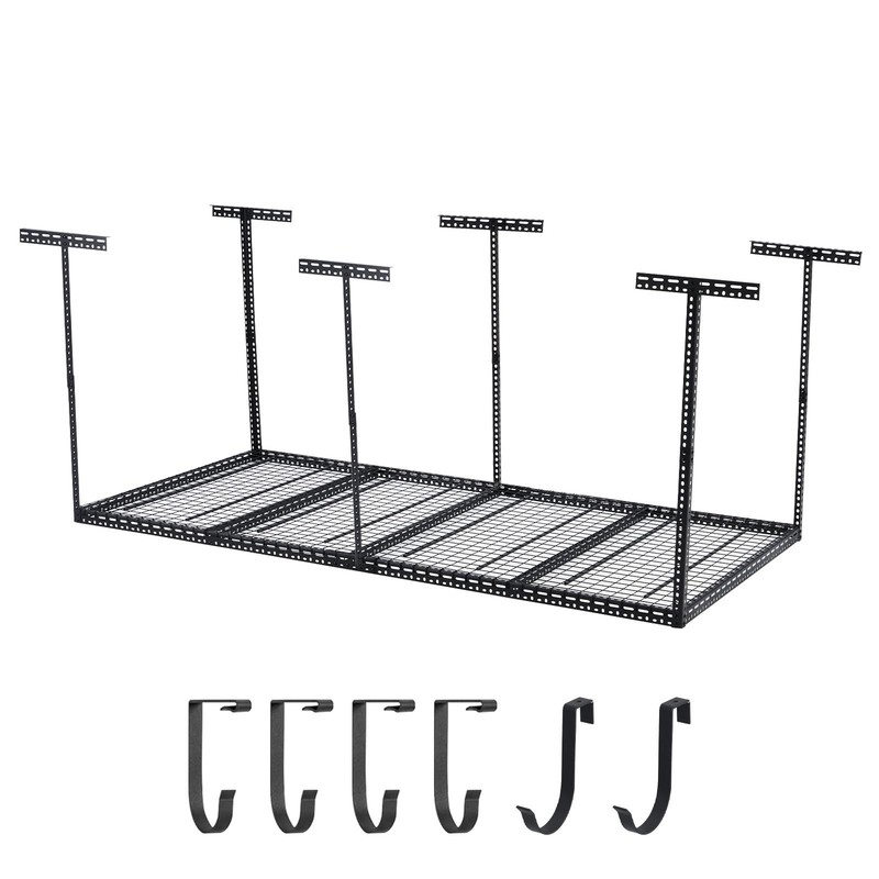 4X8FT Overhead Garage Storage Rack Ceiling Mounted Shelving w/6Vertical Posts gallery