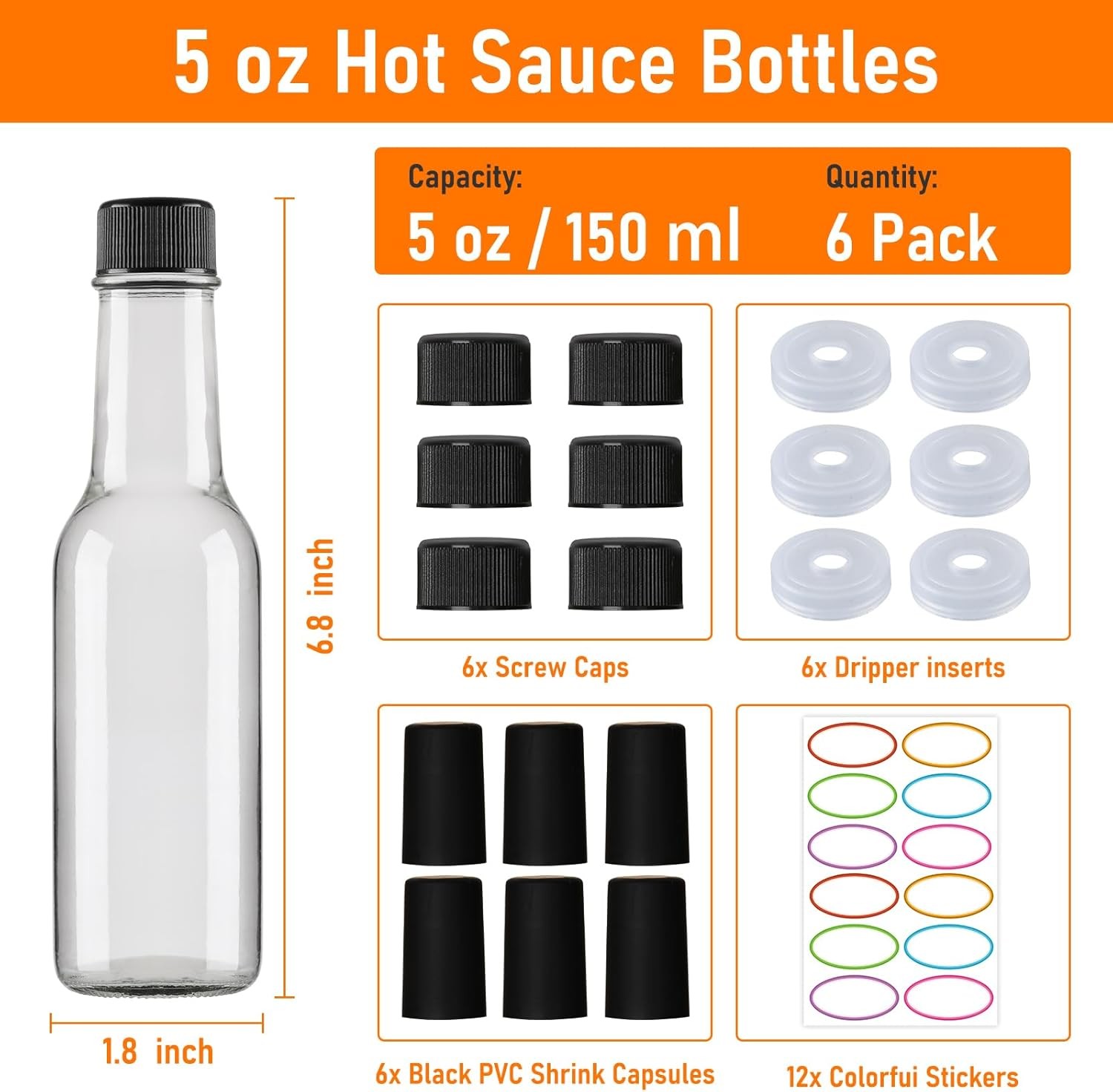 STARSIDE 5 oz Hot Sauce Bottles 6 Pack, Empty Pepper Bottle, clear gallery