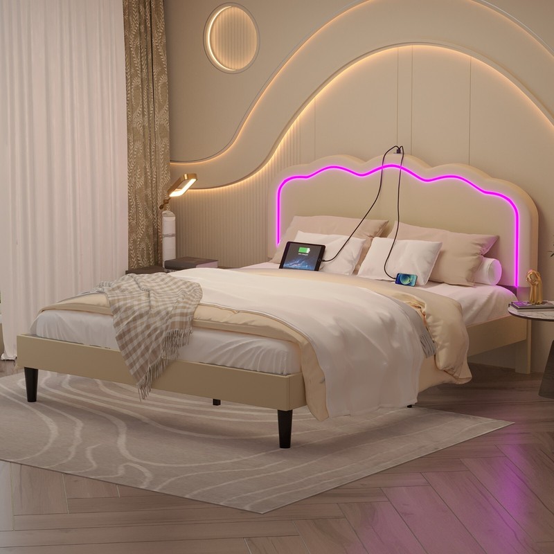 LED Light Queen Full Twin Size Bed Frame Charging Station Headboard Platform gallery
