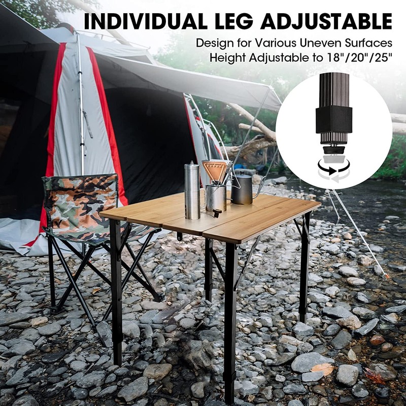 VILLEY Bamboo Folding Table with Aluminum Adjustable Legs 176lbs Load Heavy Duty gallery