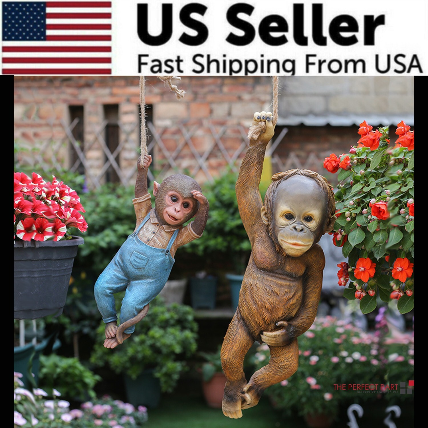 Monkey Chimp Hanging Rope Garden Ornament Outdoor Statue Sculpture Resin Decor gallery