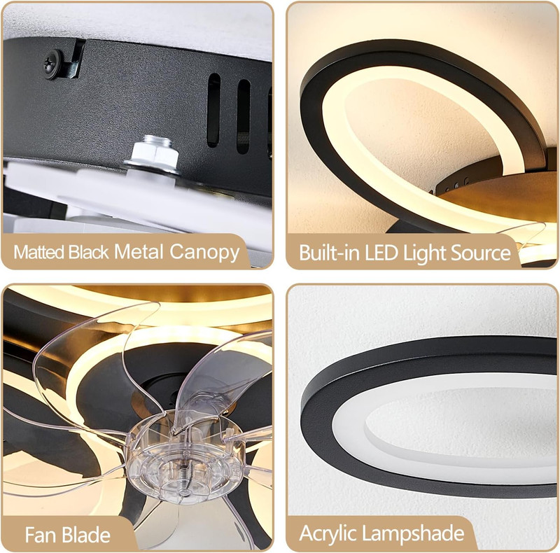 Modern Black-Star Flush Mount Ceiling Fan with Dimmable LED Light & Remote gallery