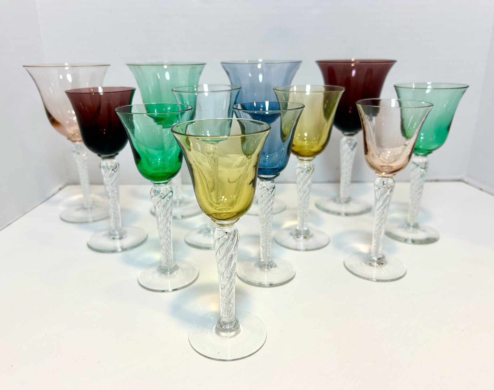 12 MCM Bell Shape Multi Color Wine Cordial Aperitif Glasses Clear Twisted Stem gallery