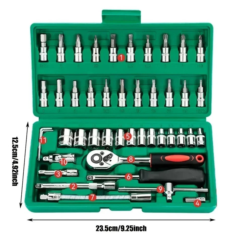 46pc Socket Wrench Set 1/4in Drive Ratchet Metric Car Repair Tool Kit Garage US gallery