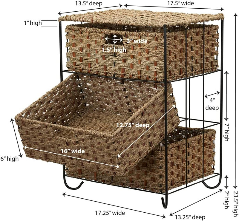 3 Drawer Wicker Storage Unit, Handwoven Seagrass, Strong Metal Frame with Curved gallery
