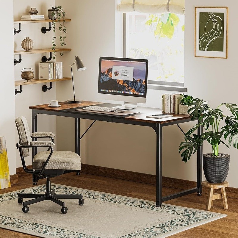 Spacious Rustic Brown Black Computer Desk Home Office Study Gaming Workstation gallery