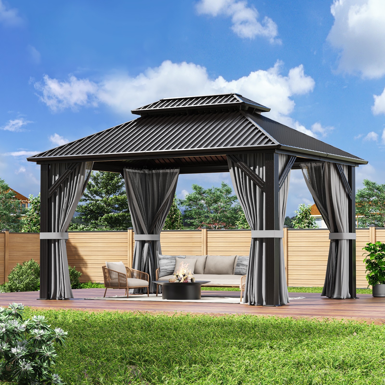 10 x 12 ft Hardtop Gazebo with Nettings and Curtains, Steel Double Roof Gazebo gallery