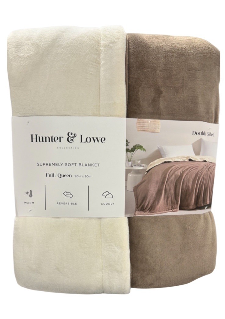 Hunter & Lowe Taupe and Ivory Supremely Soft Reversible Queen Blanket 90”x90” gallery