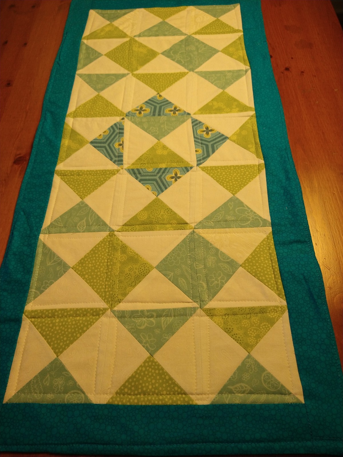 Green, Blue Handmade Quilted Table Runner, 30 x 15 inches, Contemporary design gallery