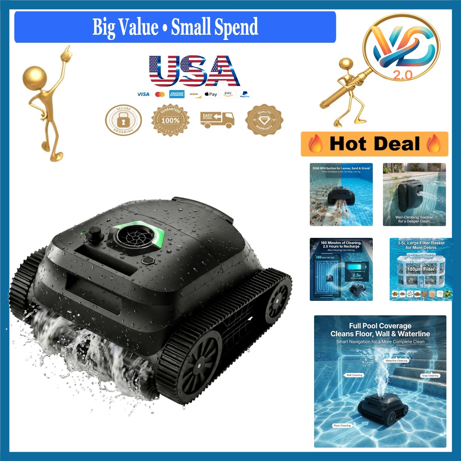 Robotic Pool Vacuum Cordless SP5-180 Min Runtime 5550 GPH Suction Wall Waterline gallery